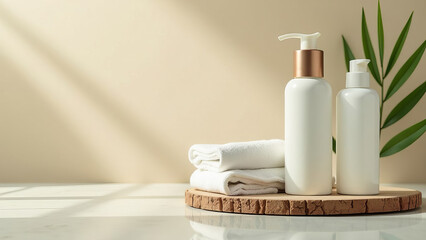 Elegant bathroom decor: lotion and towel arrangement with leaf shadow and minimalist design.