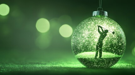 Festive golf Christmas bauble, golfer silhouette, green theme, winter sport, holiday spirit. 