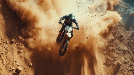 Motocross rider performing a jump on a dirt bike, creating a cloud of dust