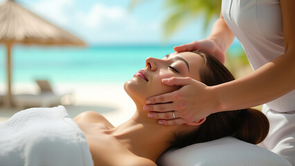 Relaxing beachside spa treatment under clear blue skies for ultimate relaxation.