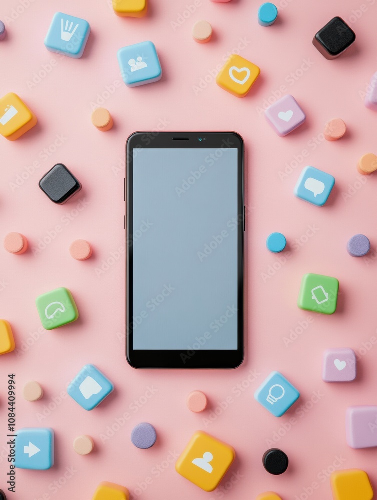 Poster a smartphone sits on a vibrant pink surface, surrounded by playful notification icons symbolizing so
