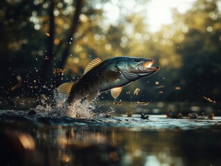 Photo of a largemouth bass jumping out of the water to catch food