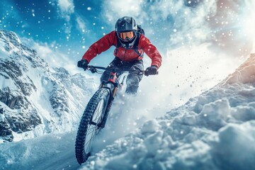 Professional cyclist riding fat bike on snowy mountain trail in winter