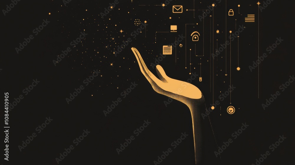 Aufkleber a hand icon extends toward a computer showcasing diverse settings and security symbols amid a digita