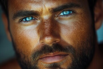 Fototapeta premium portrait of a man with striking blue eyes, full of emotion, captured in soft natural lighting, showcasing details of his expression and skin texture in a vibrant manner