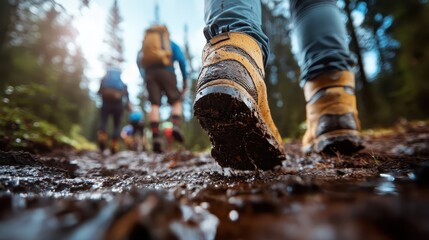 A close-up of hiking boots trekking through muddy pathways in a lush, dense forest, demonstrating adventure and the spirit of exploration.