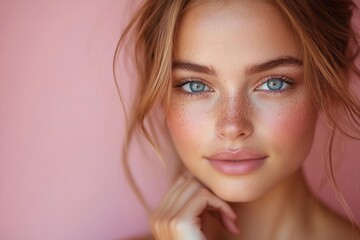 Naklejka premium portrait of a serene young woman gently touching her neck, showcasing natural beauty and self-care against a soft pink background, radiating confidence and tranquility