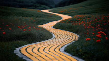 Fototapeta premium Curving yellow brick road through lush green landscape with vibrant red flowers in a serene meadow.