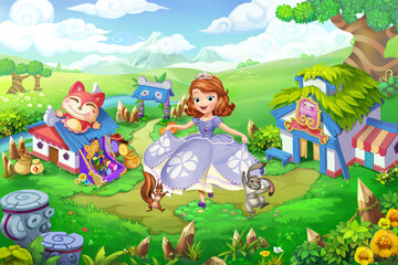 A cheerful cartoon princess dances in a vibrant, whimsical village surrounded by animals, colorful houses, lush greenery, and a bright sky, evoking a fairytale wonderland vibe.