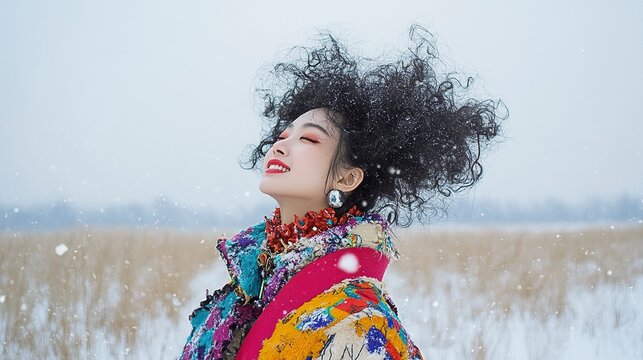 Disco jacket photography, A korean woman is standing in a winter field, She has her hair up in big curls and wears custume for winter, The photo shows her whole body from head to feet, generative ai