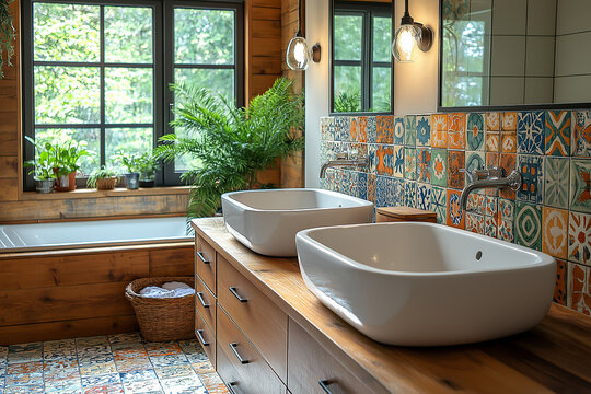 salle de bain, carreaux de ciment portugais, baignoire, vasque, int&eacute;rieur 3D r&eacute;aliste, HDR, photographie immobili&egrave;re, d&eacute;coration, tendance, architecte, design, mode, fonctionnel, chaleureux, &eacute;l&eacute;gant
