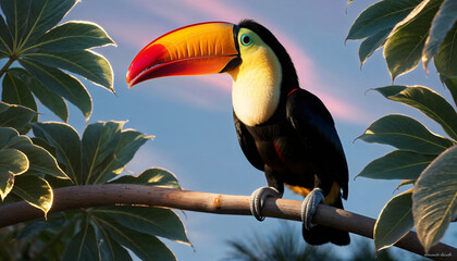 Fototapeta premium A colorful toucan rests on a branch, showcasing its striking beak and tropical foliage, highlighting the biodiversity of Central America.