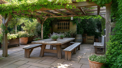Fototapeta premium A charming outdoor patio with rustic wooden furniture, including a large dining table and benches, shaded by a pergola covered in climbing plants.