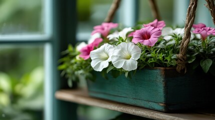 A green wooden planter holds an array of colorful petunias, complemented by pinks and whites, sitting stylishly on a windowsill, adding vibrant charm to any indoor setting.