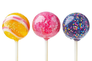 A row of colorful lollipops with white dots on them. on transparent background.
