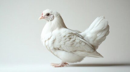 Obraz premium pristine white chicken perched gracefully against a clean white backdrop, showcasing the simplicity and beauty of poultry in a minimalist presentation