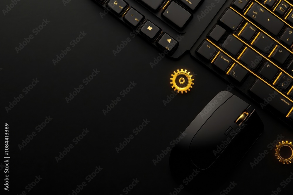 Fototapete a close-up view of a modern keyboard and mouse with a gear overlay, set against a dark backdrop, sym