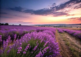 Fototapeta premium Captivating Long Exposure of Lavender Fields Under a Twilight Sky with Soft Blurred Motion Creating a Dreamy Atmosphere for Nature Lovers and Garden Enthusiasts