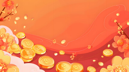 Gold Coins and Ingot Background Chinese New Year flat illustration