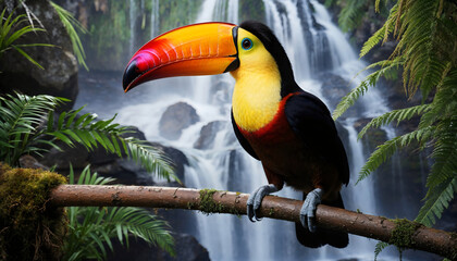 A vibrant toucan stands on a branch against a stunning waterfall backdrop, showcasing the beauty of tropical wildlife in a lush environment.