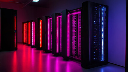 Obraz premium A Vibrant Display of Glowing Network Servers in a High-Tech Environment During Nighttime Hours