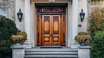 A grand wooden entry door with detailed carvings, flanked by stone columns and vintage lanterns on either side. - Powered by Adobe