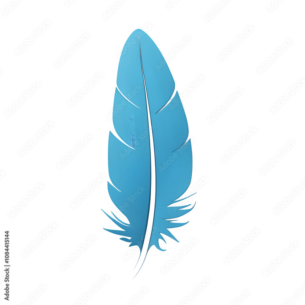 Poster light blue feather with white shaft floating on transparent background, ideal for graphic design pro
