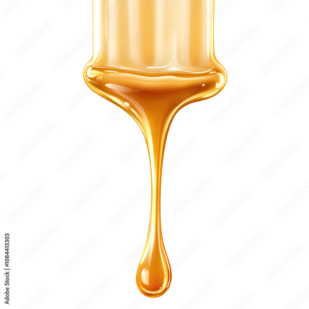 Poster Delicious honey drips in a golden stream on a clear background, creating a sweet texture. Bee product isolated in vector design
