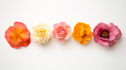 Colorful arrangement of flowers in a line on a white background during a bright daylight
