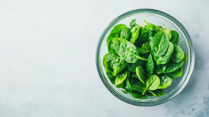 Obraz premium Bright Green Spinach Leaves Rest in a Clear Bowl, Inviting Healthy Meal Preparation and Ideas
