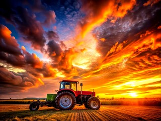 Obraz premium Captivating Night Photography of a Rustic Tractor Silhouetted Against a Vibrant Sunset with Dramatic Skies and Colorful Clouds, Perfect for Agricultural and Landscape Themes
