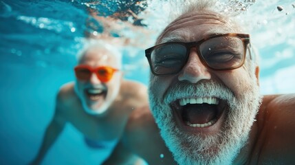 Fototapeta premium Elderly men with sunglasses, sharing a moment of joy underwater in a pool; they exhibit an infectious joy, savoring the fun and timelessness of their friendship.