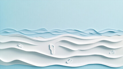 Serene Beach Scene Paper Art Footprints in Ocean Waves