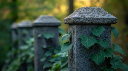 Close-up of stone fence posts with ivy growing up them in a forest.