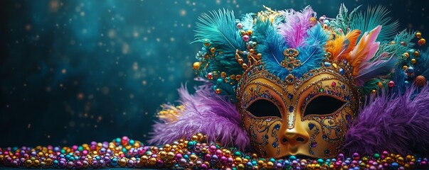 A decorative mask covered in beads and feathers