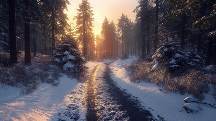 Naklejka premium Snowy road winding through a winter forest at sunset