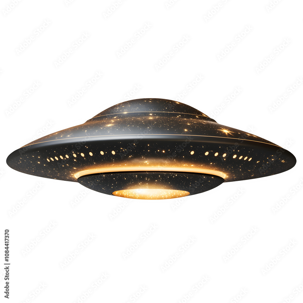 Poster large alien spaceship flies through space surrounded by stars and galaxies. emitting a mysterious gl