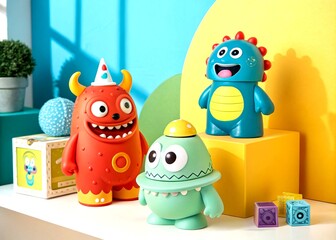 Obraz premium Captivating Product Photography of a Unique Monster-Themed Toy Collection Featuring Vibrant Colors, Intricate Details, and Playful Designs for Creative Kids to Enjoy and Explore