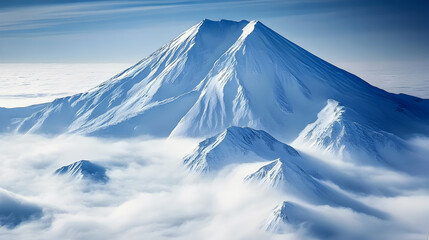 Snow-capped mountains rise majestically against a clear blue sky, creating a breathtaking winter landscape in Kamchatka