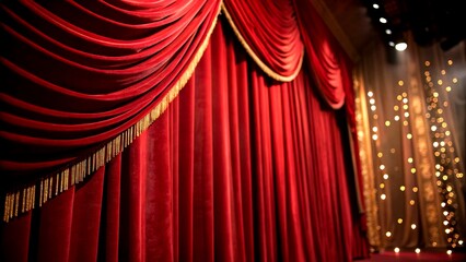 Captivating Red Curtains with Bokeh Effect for Theatrical or Cinema Decoration – Front View Imagery for Stunning Visuals and Dramatic Atmosphere