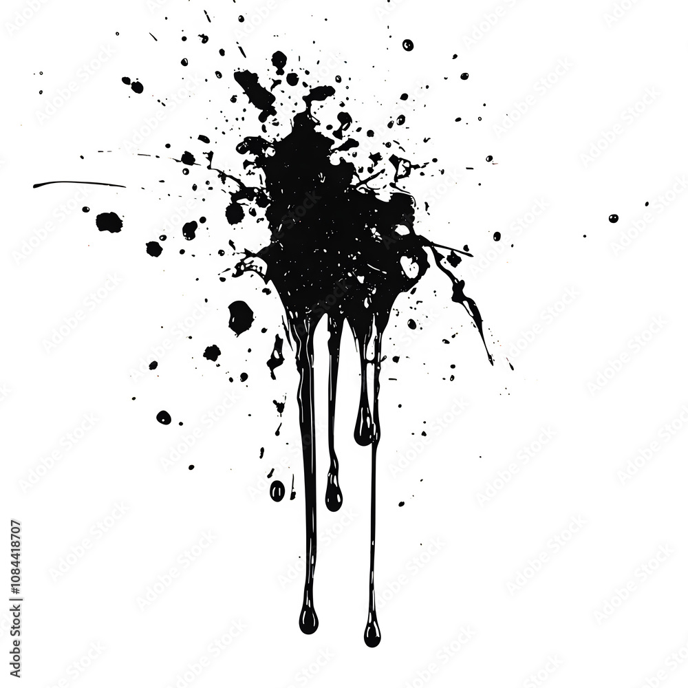 Poster Black ink dripping and forming splashes on a clear backdrop, perfect for adding a grungy flair to designs