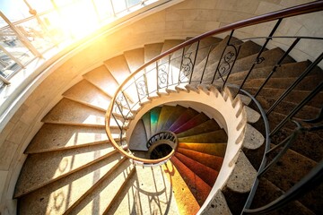 Fototapeta premium Captivating Spiral Staircase Bathed in Light: A Stunning Product Photography Showcase of Architectural Elegance and Design Beauty