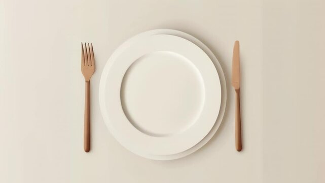 Empty white plate is placed on a beige tablecloth, accompanied by a fork and a knife, creating a minimalist tablescape