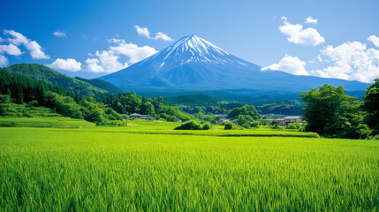 Fototapeta premium Mountainous panorama with snow-capped peaks, lush green valleys, and dramatic cloudscapes