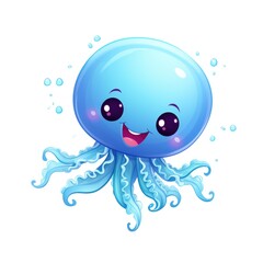 Cute and Playful Cartoon Jellyfish Character with Bright Blue Colors, Expressive Eyes, and Friendly Smile on a White Background for Children&rsquo;s Illustrations