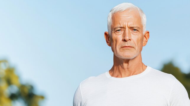 longevity  lifestyle  vitality. A senior man with silver hair stands confidently outdoors, dressed in a casual white t-shirt, against a clear blue sky.