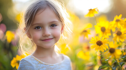 Fototapeta premium Young girl smiling among bright yellow flowers in a sunny garden during springtime
