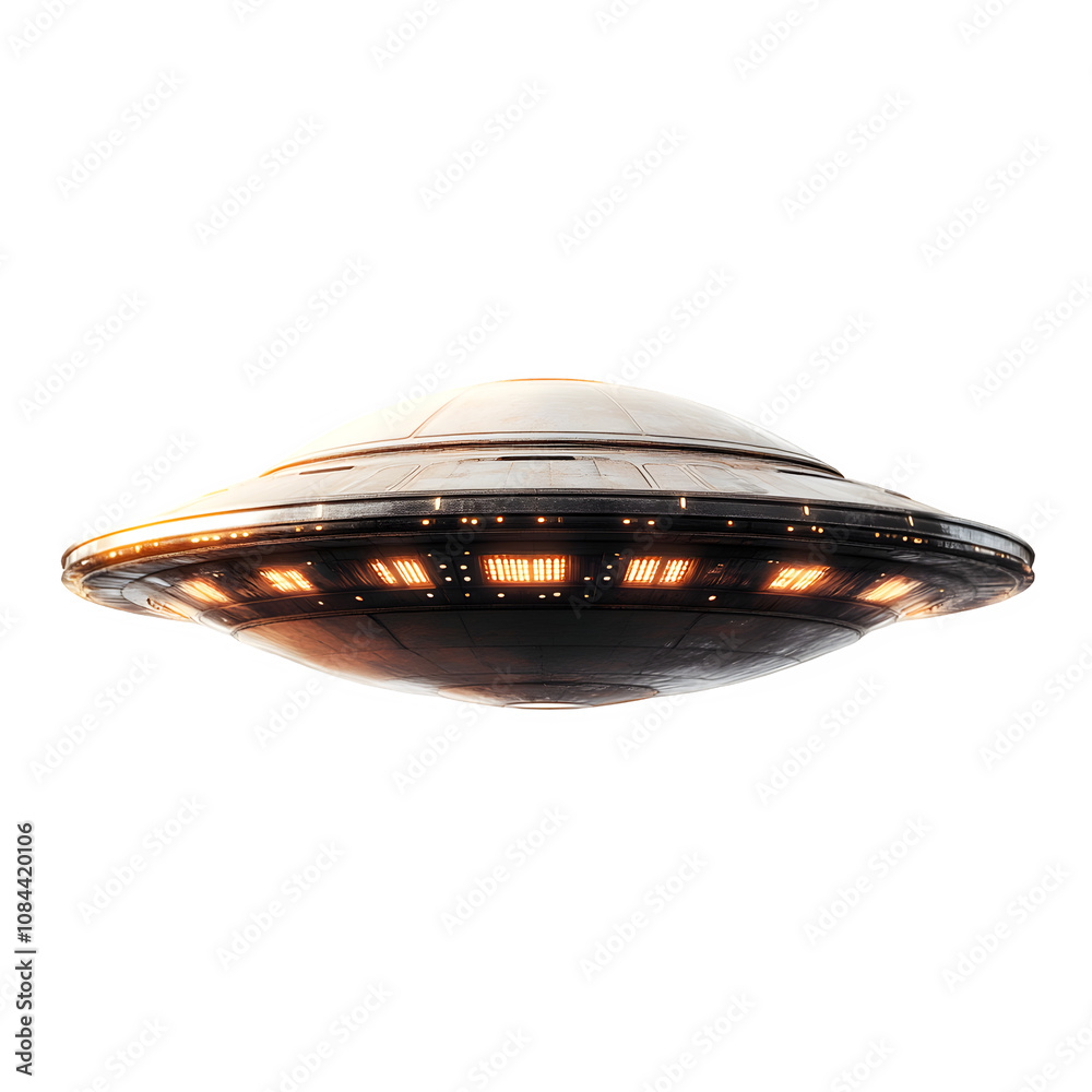 Poster futuristic spaceship with glowing lights hovers against a transparent background, perfect for compos