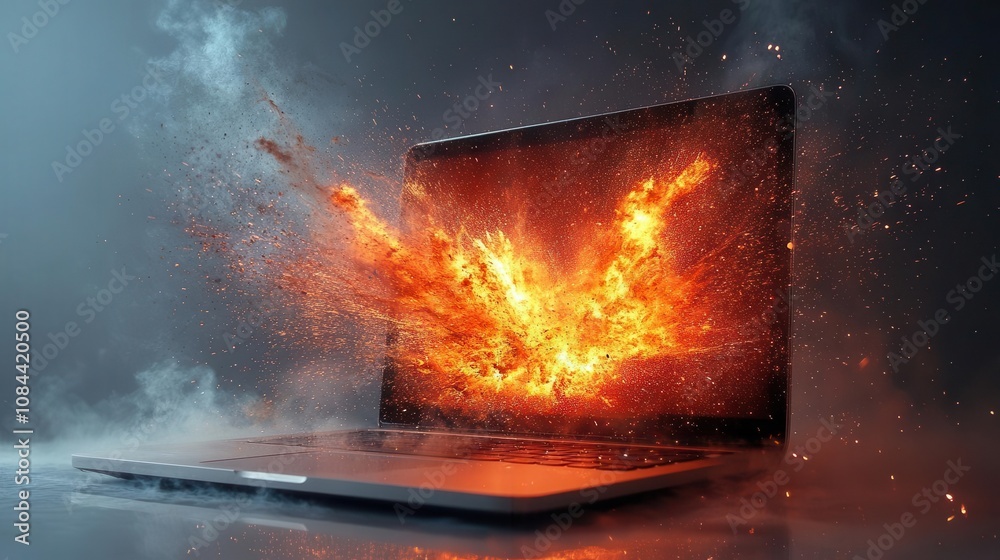 Wall mural rocket bursts forth from a sleek laptop screen, trailing vibrant sparks in a dynamic motion, set aga
