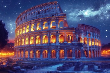 rome's colosseum at night, bathed in silvery moonlight, with stars twinkling above and warm lights illuminating the ancient stones, creating a mystical and dramatic atmosphere